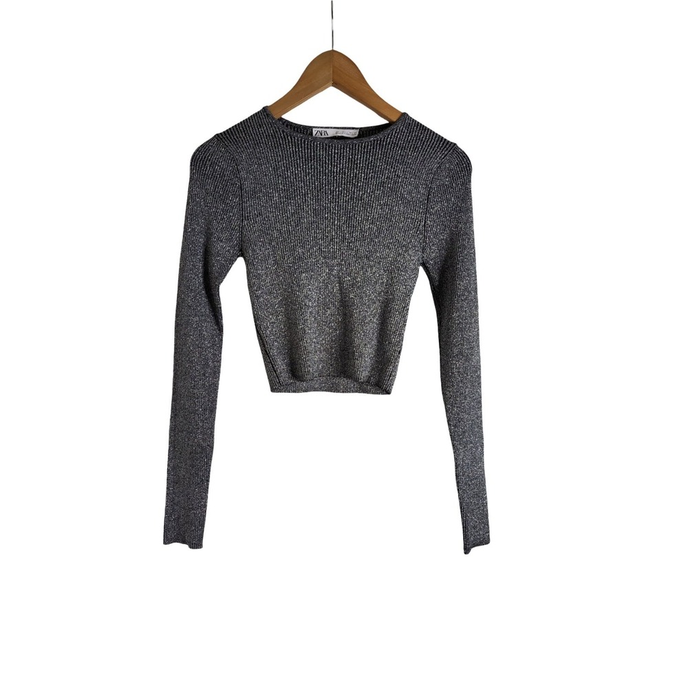Zara Metallic Ribbed Cropped Sweater Long Sleeve Size Large